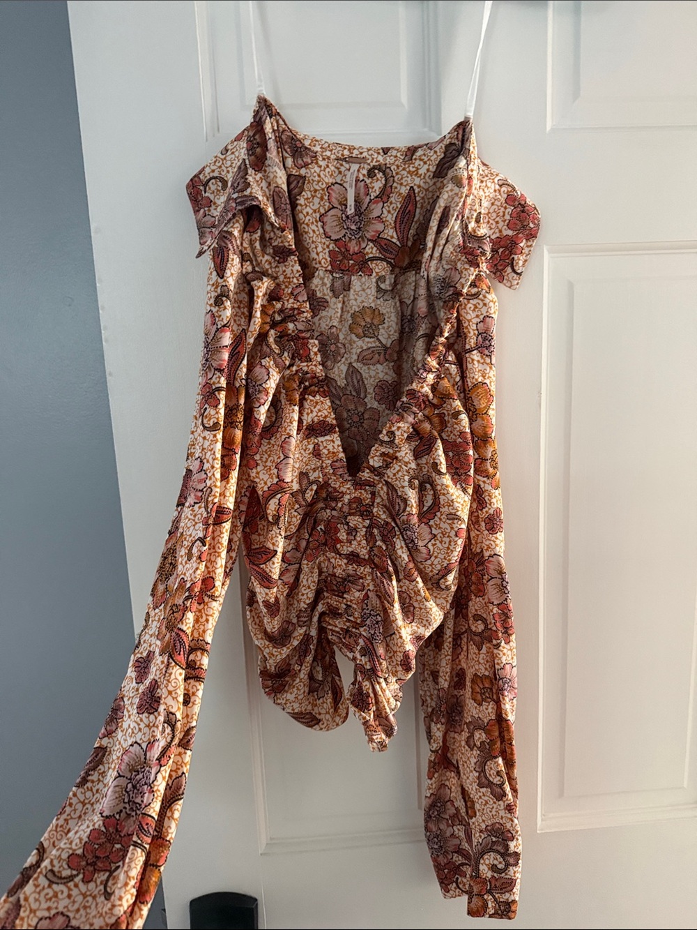Free People Floral Ruched Long-Sleeve Blouse - Rust Pink Cream